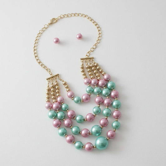 Pink Green Pearl Gold Bead Layer Bib AKA Necklace