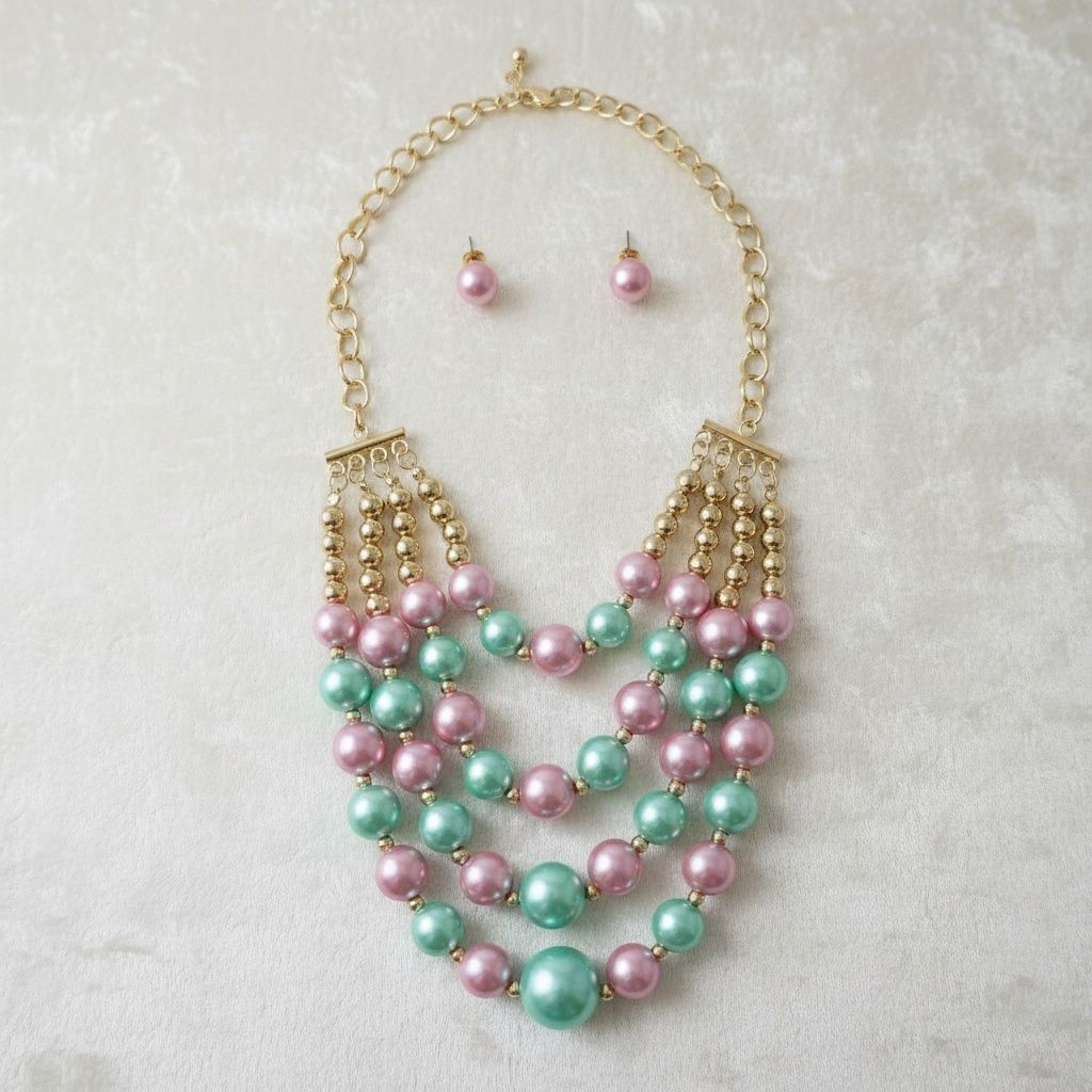 Pink Green Pearl Gold Bead Layer Bib AKA Necklace
