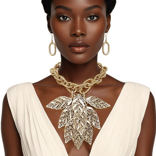 Bib Fall Season Gold Chunky Leaf Drop Necklace