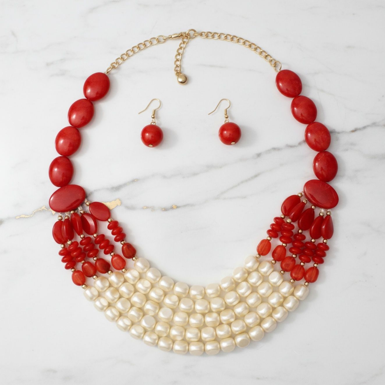 Beaded Marbed Red and Creamy Shine Layer Necklace
