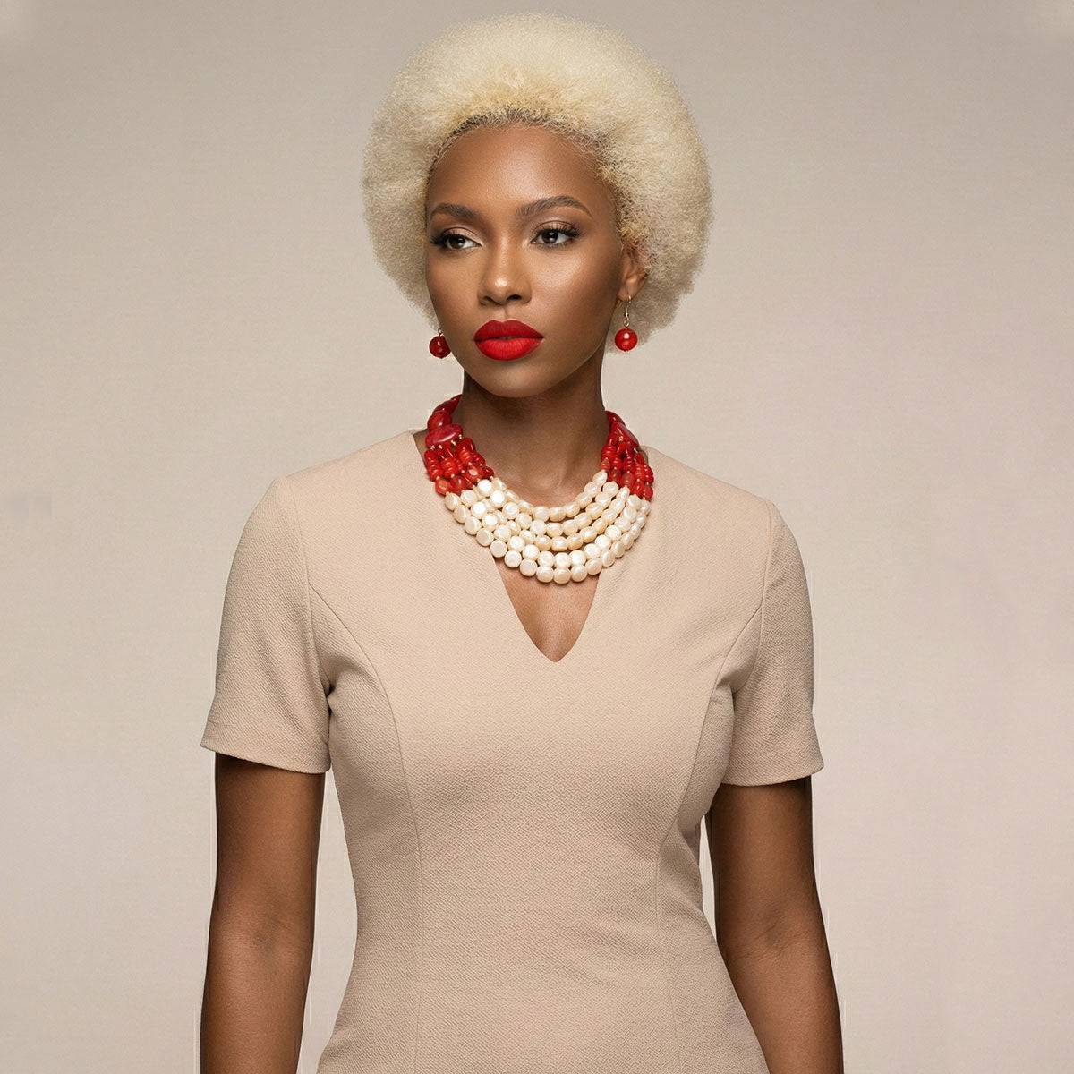 Beaded Marbed Red and Creamy Shine Layer Necklace