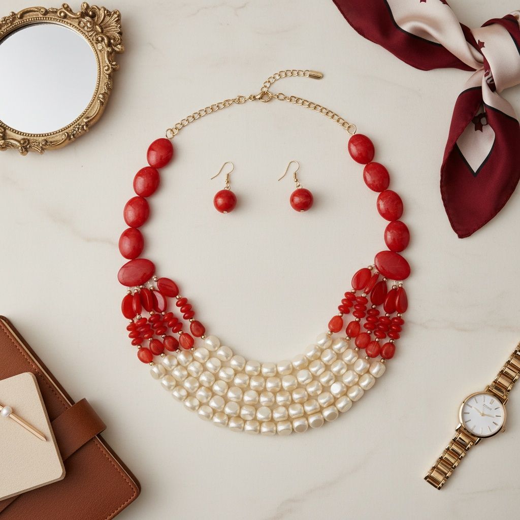 Beaded Marbed Red and Creamy Shine Layer Necklace