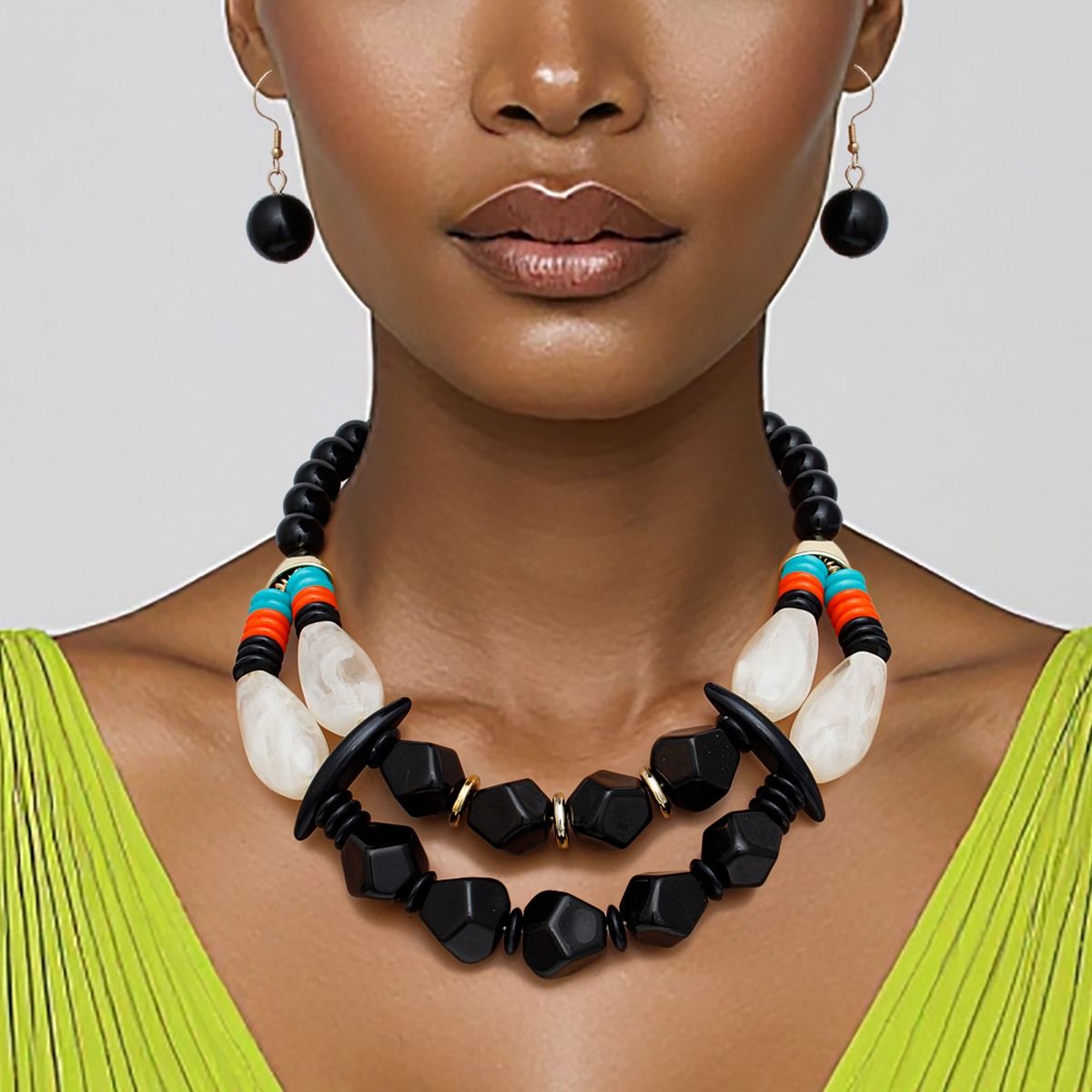 Beaded Black Stone Ethnic Chic Layered Necklace