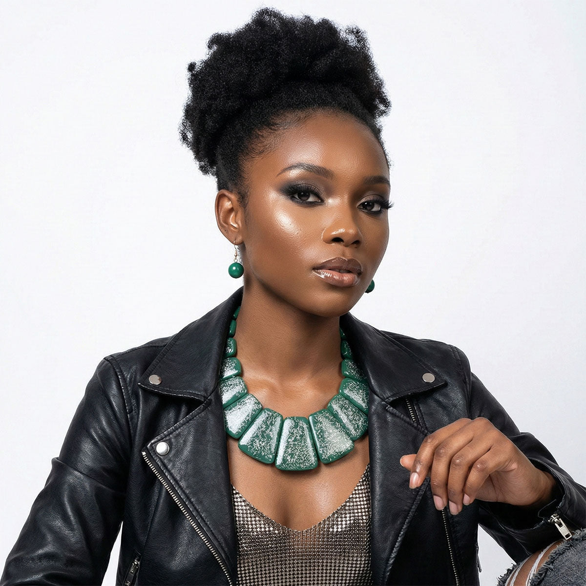 Bib Green Resin and Silver Confetti Large Necklace