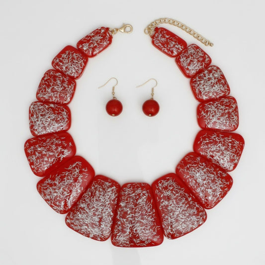 Bib Red Resin and Silver Confetti Large Necklace