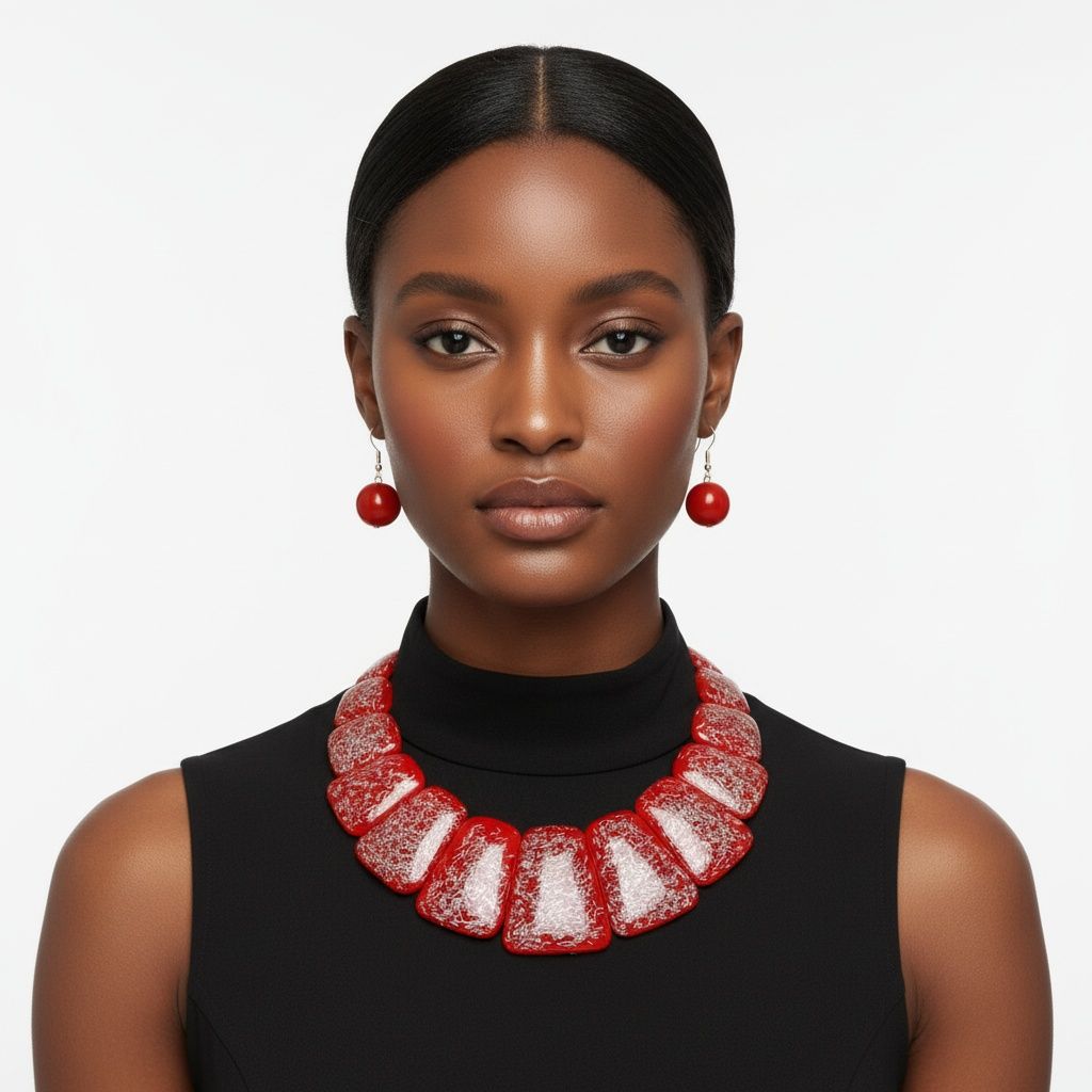 Bib Red Resin and Silver Confetti Large Necklace