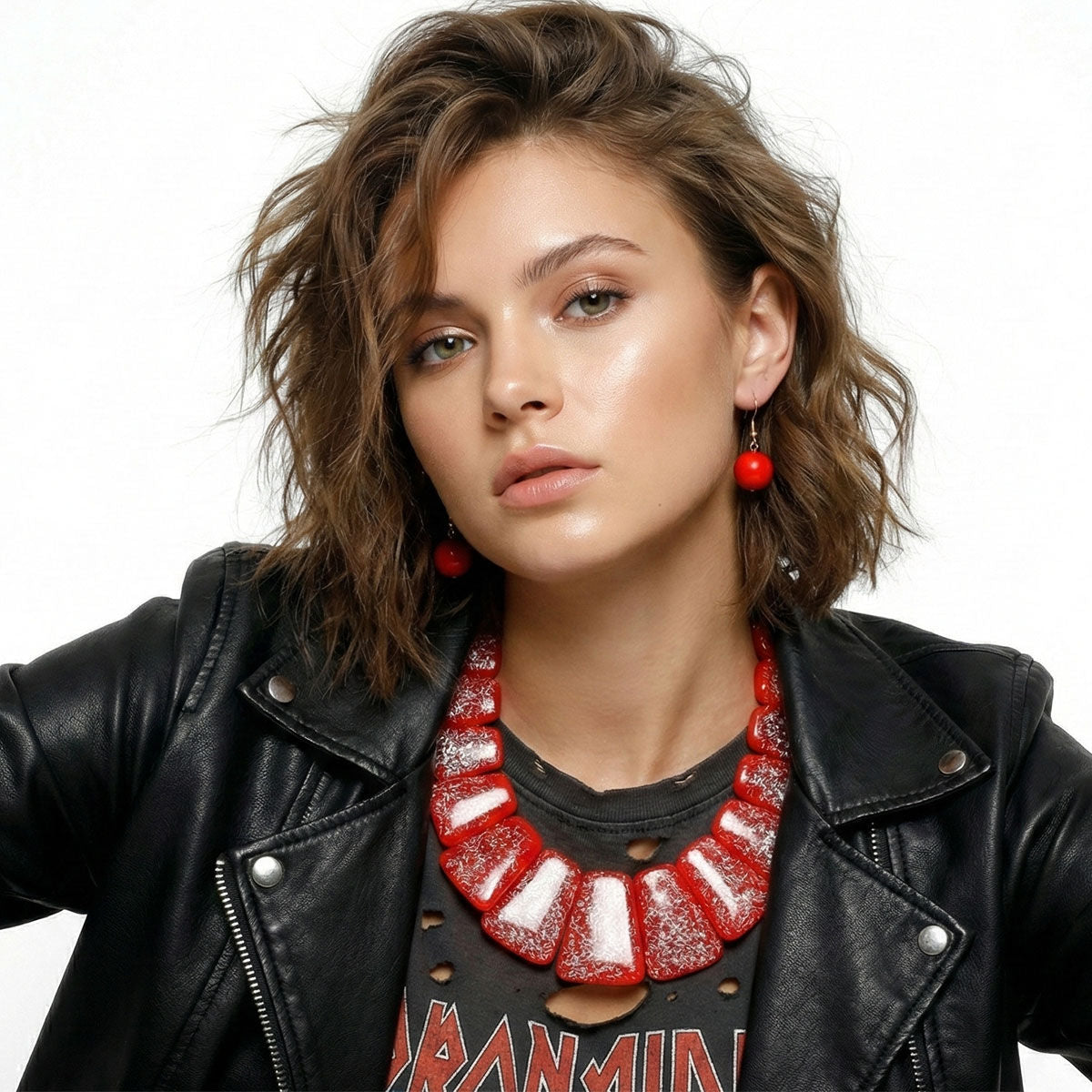 Bib Red Resin and Silver Confetti Large Necklace