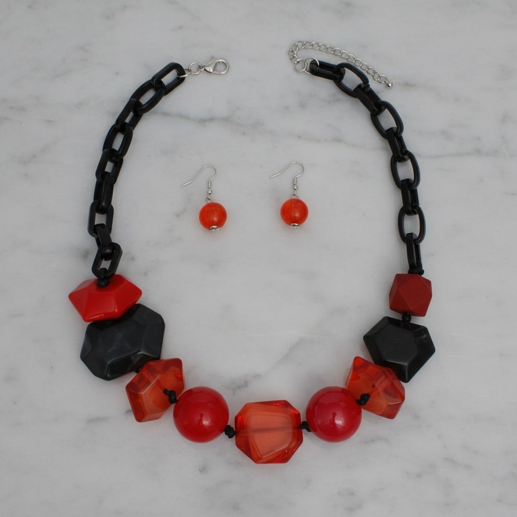 Beaded Red Chunky Mixed Bead Tribal Necklace