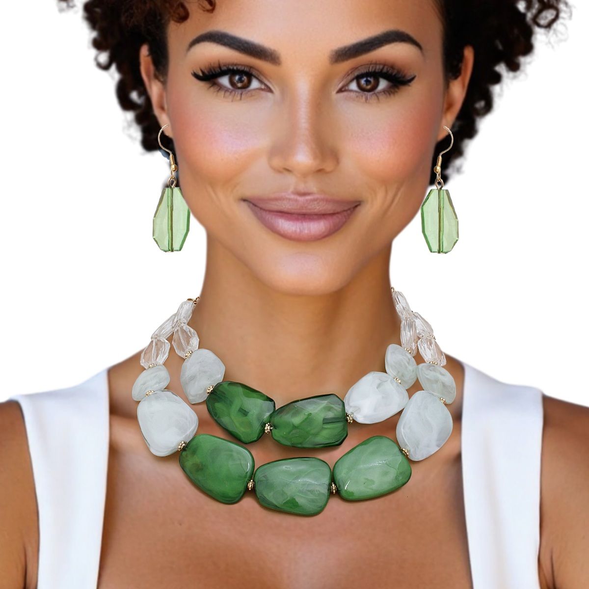 Collar Vibrant Marbled Green Bead Layered Necklace