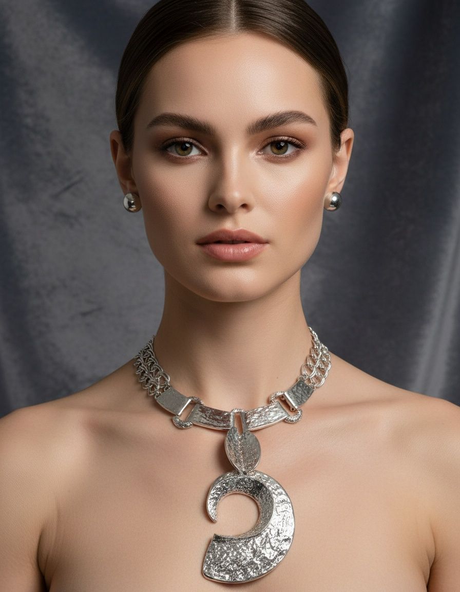 Pendant Silver Melted Metal Open C Chunky Necklace