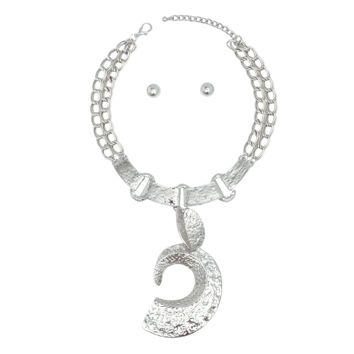 Pendant Silver Melted Metal Open C Chunky Necklace