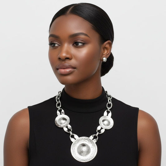 Bib Oversized Silver Sculptural Metal Disc Necklace