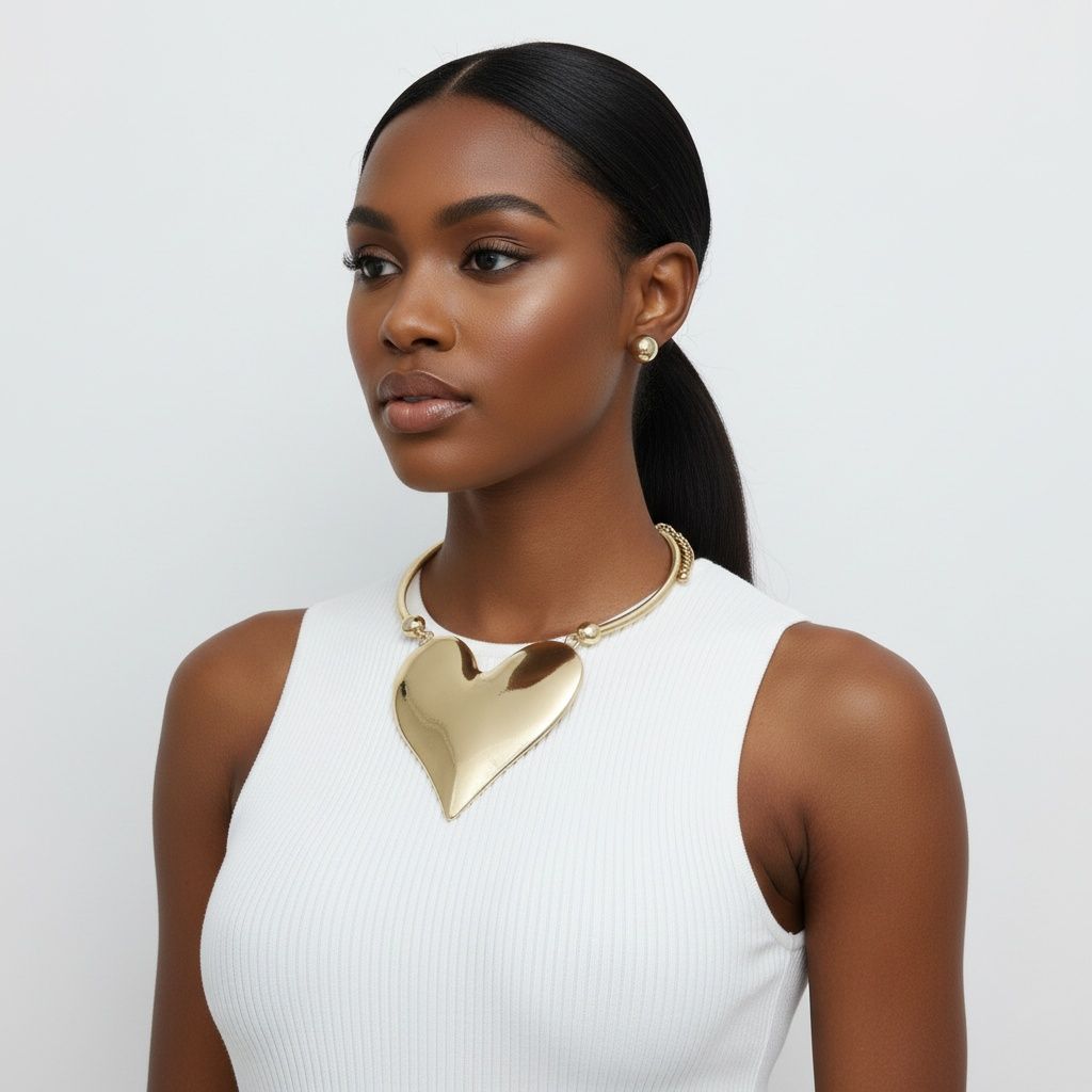 Choker Gold Smooth Polished XL Heart Pendant Set