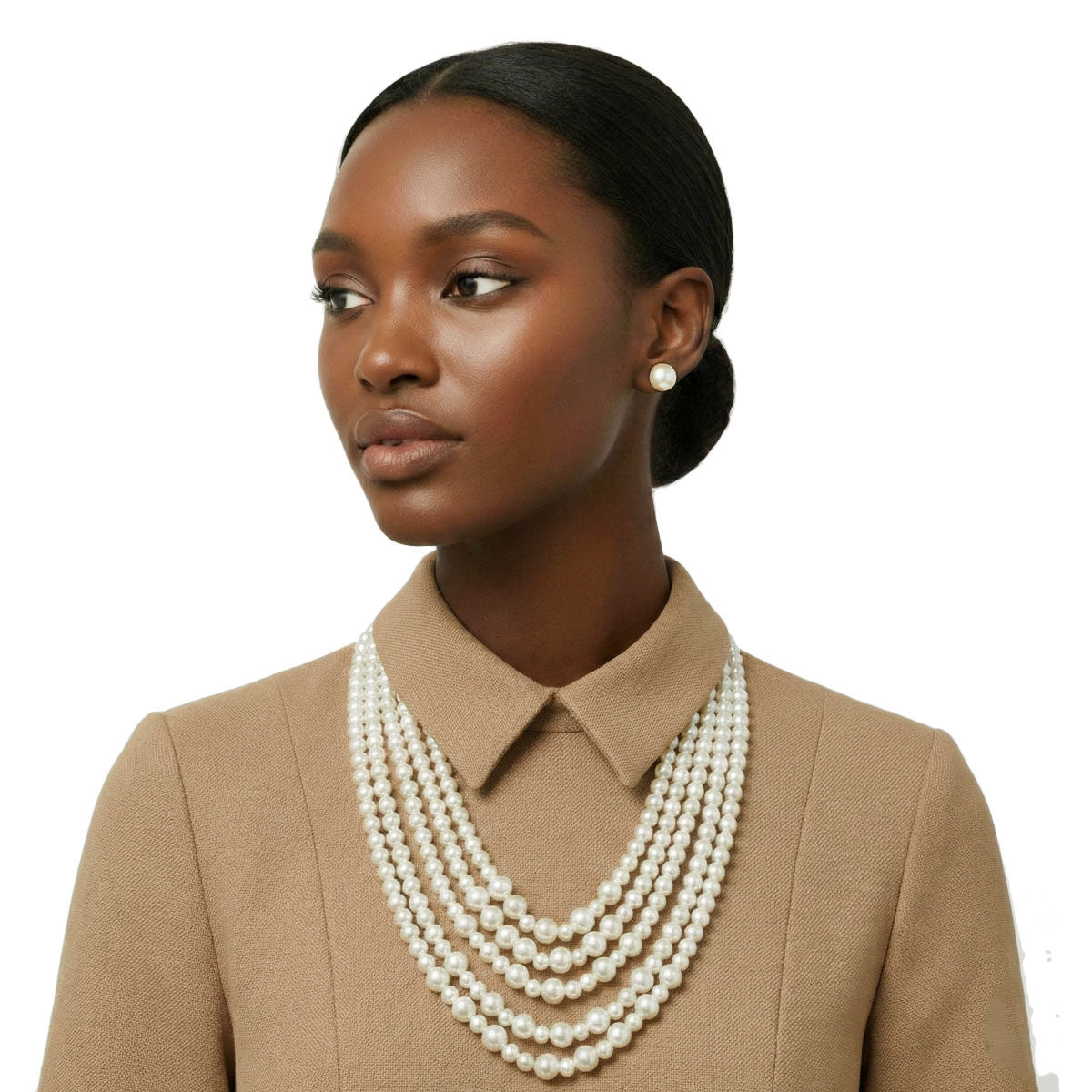 Glass Pearl Cream 5 Strand Long Layer Necklace