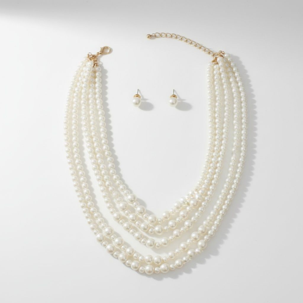 Glass Pearl Cream 5 Strand Long Layer Necklace