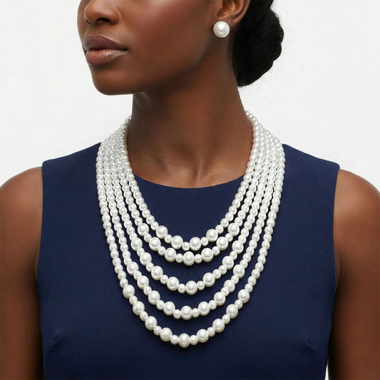 Glass Pearl White 5 Strand Long Layer Necklace
