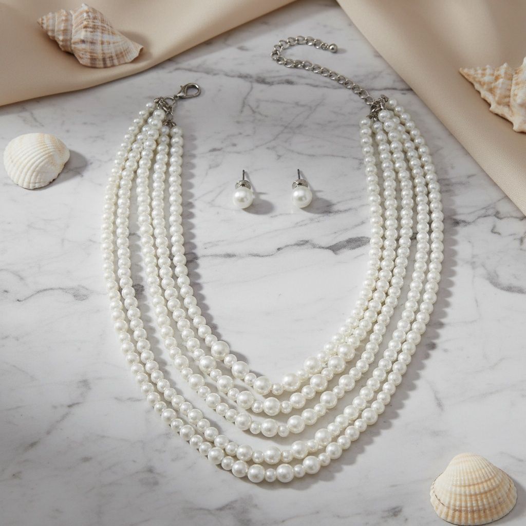 Glass Pearl White 5 Strand Long Layer Necklace