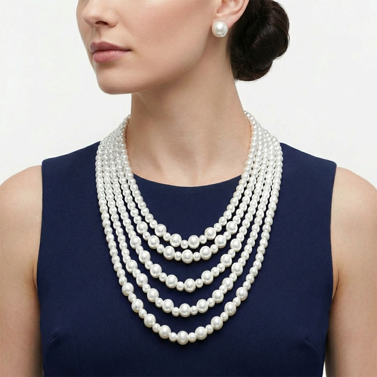Glass Pearl White 5 Strand Long Layer Necklace