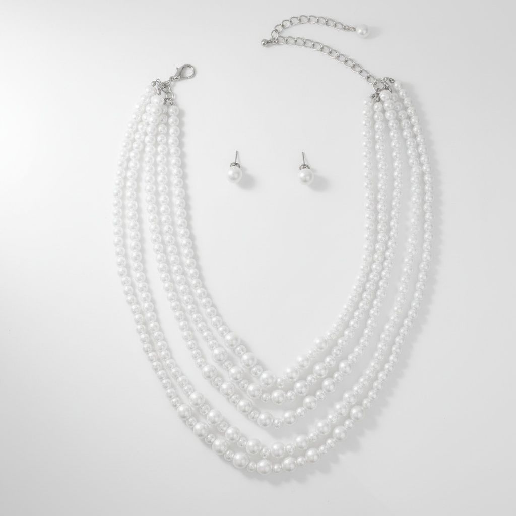 Glass Pearl White 5 Strand Long Layer Necklace