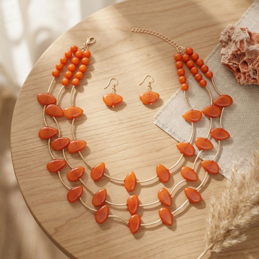 Layered Orange Disc and Gold Tube Bead Necklace