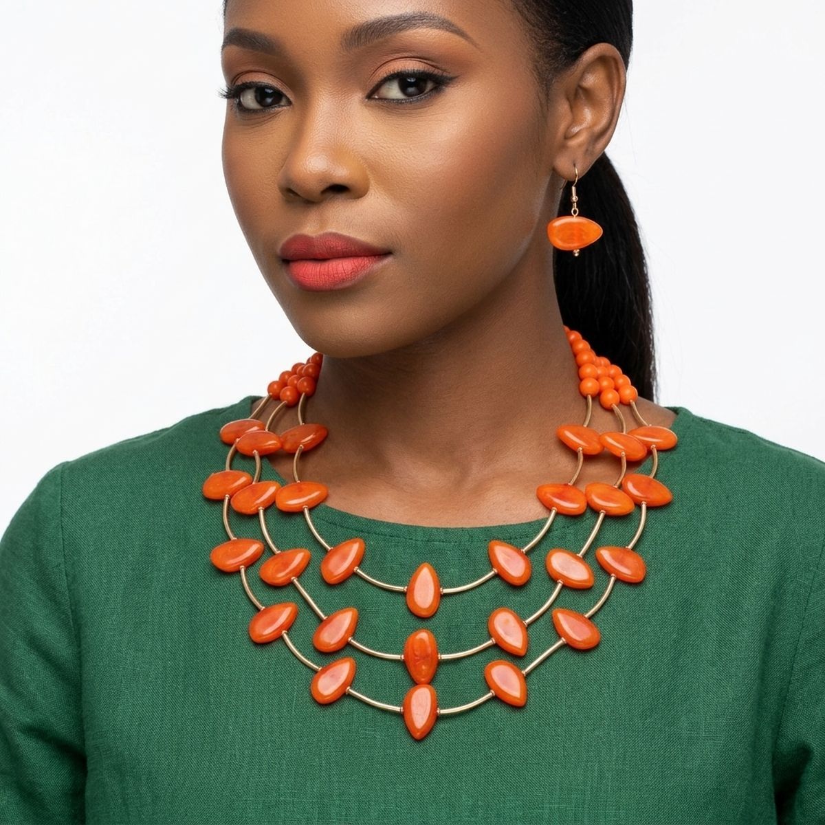 Layered Orange Disc and Gold Tube Bead Necklace