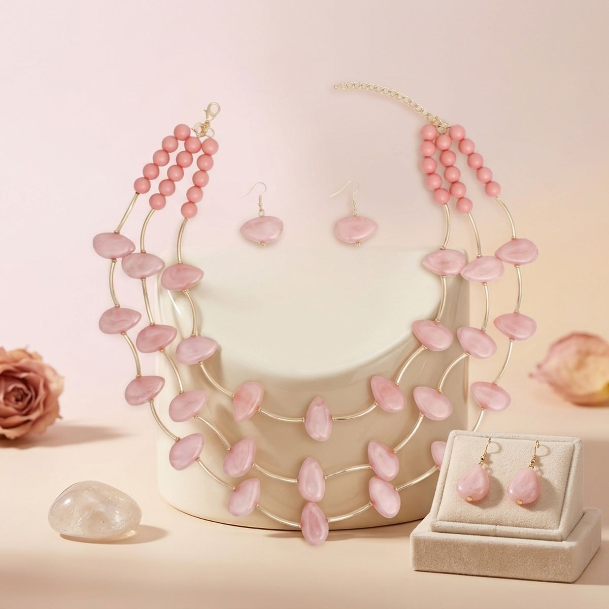 Layered Pink Disc and Gold Tube Bead Necklace