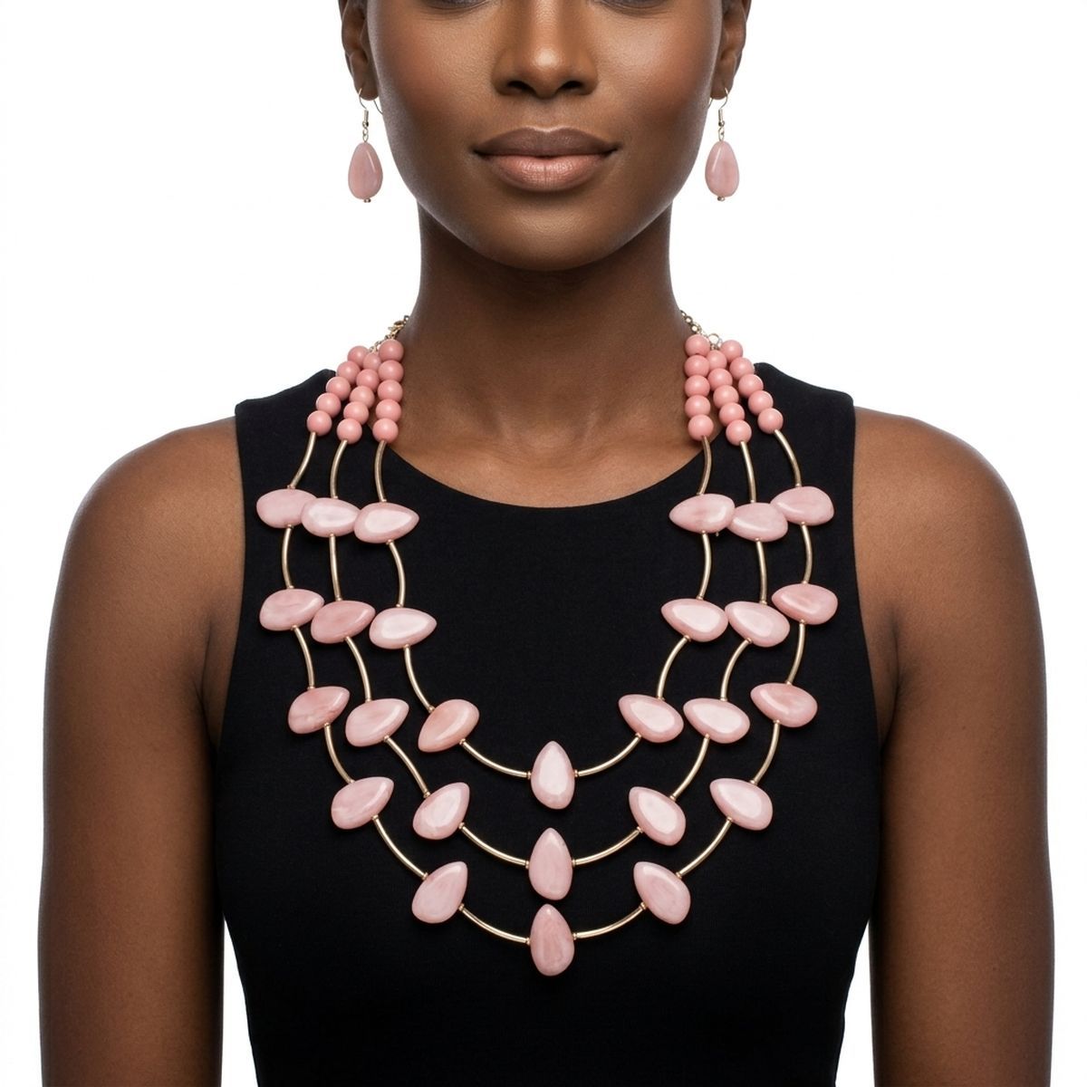 Layered Pink Disc and Gold Tube Bead Necklace