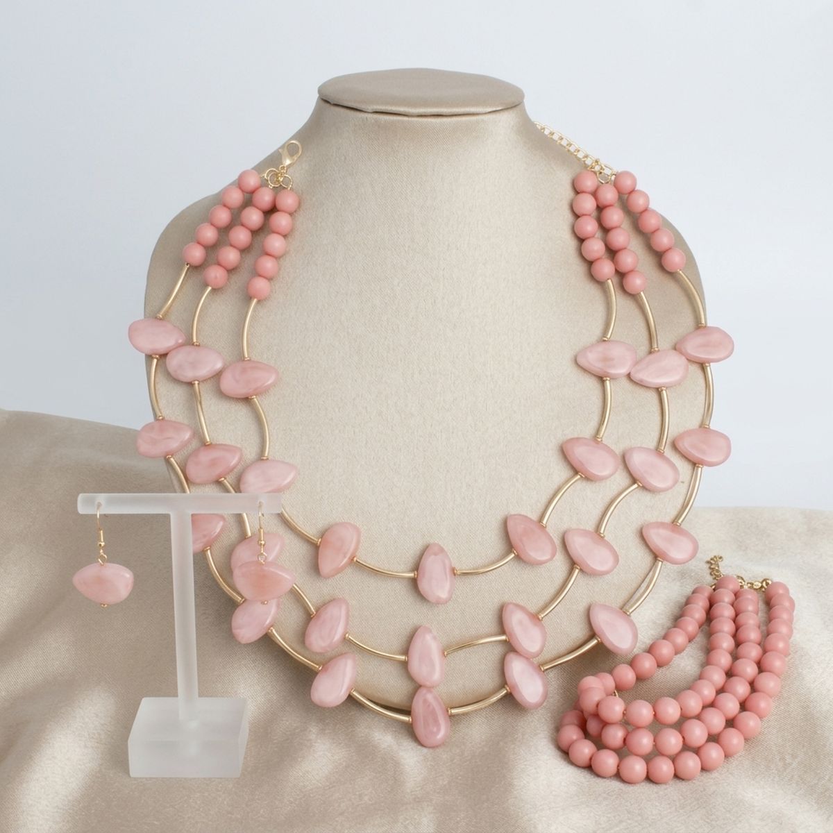Layered Pink Disc and Gold Tube Bead Necklace