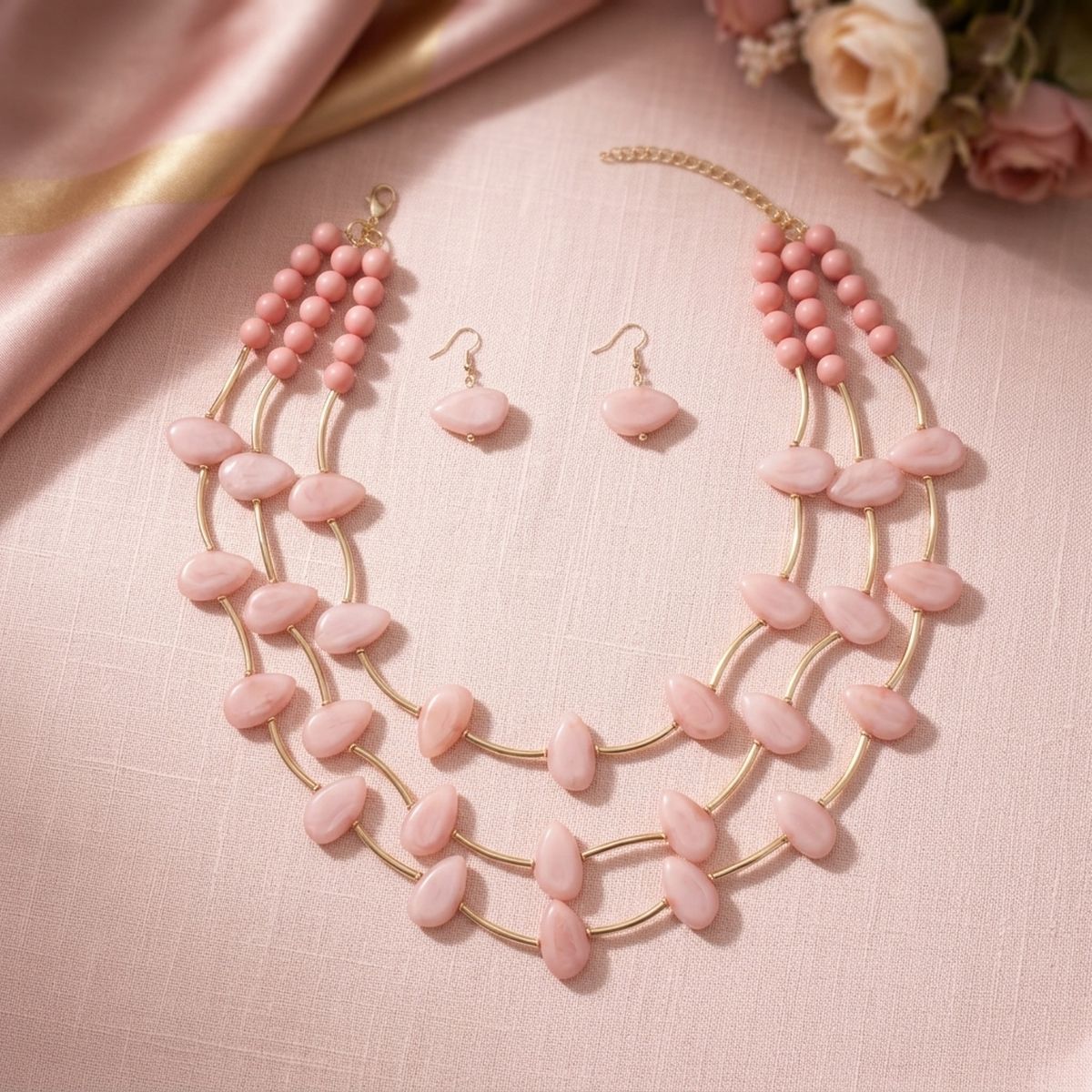 Layered Pink Disc and Gold Tube Bead Necklace