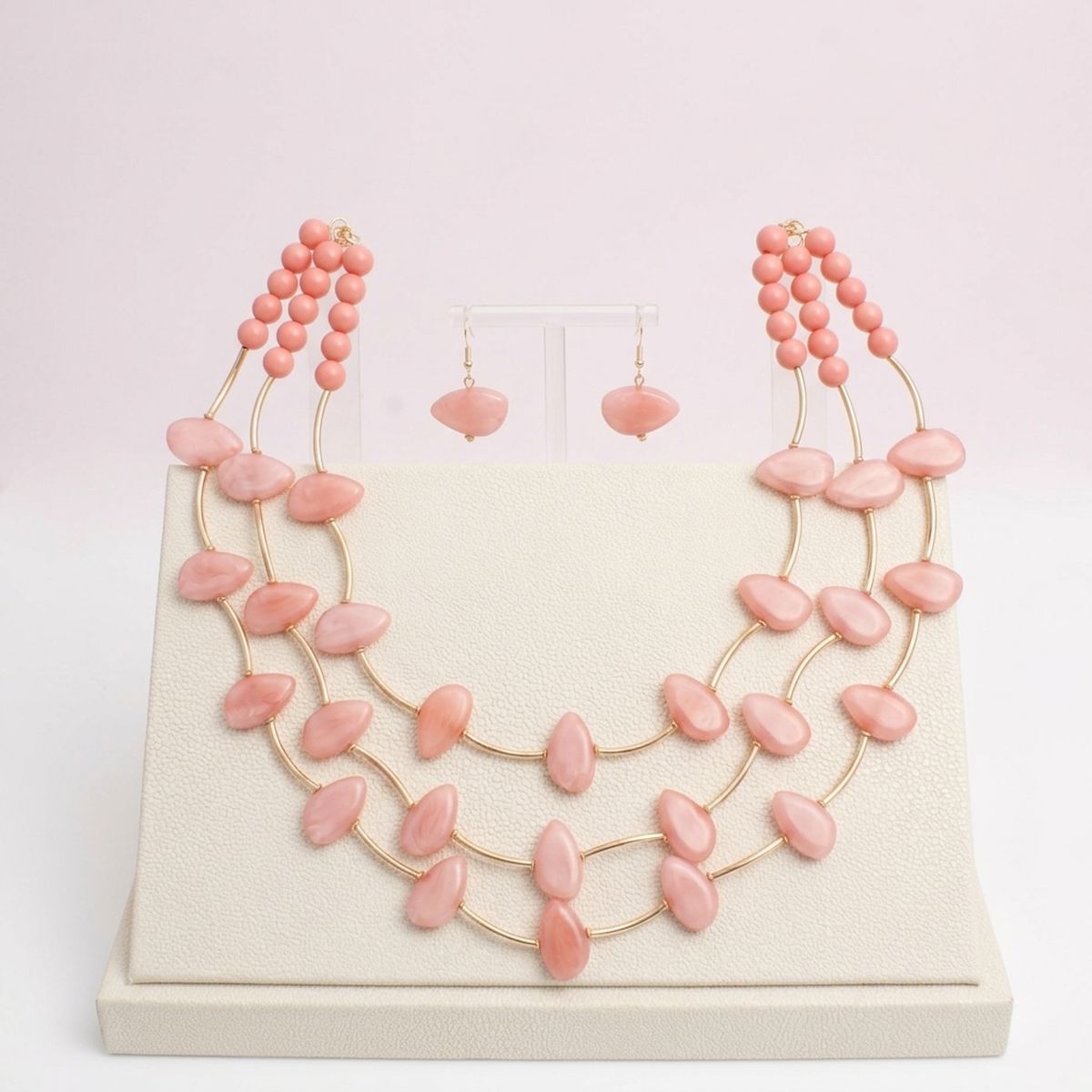 Layered Pink Disc and Gold Tube Bead Necklace