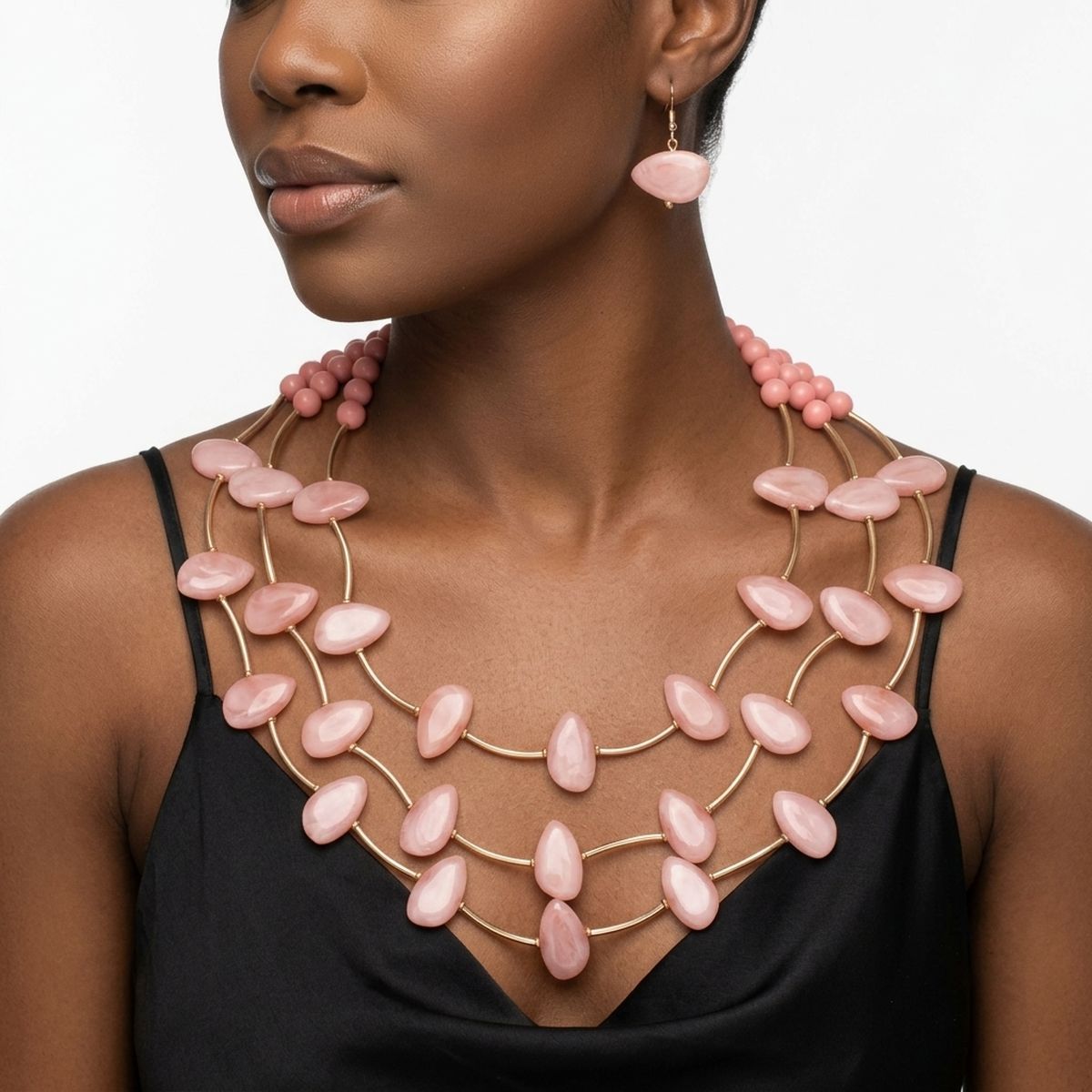 Layered Pink Disc and Gold Tube Bead Necklace