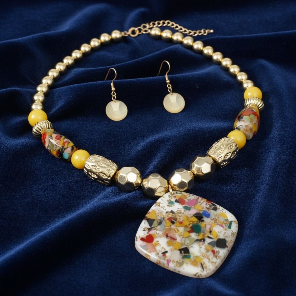 Pendant Confetti Resin Yellow Gold Bead Necklace