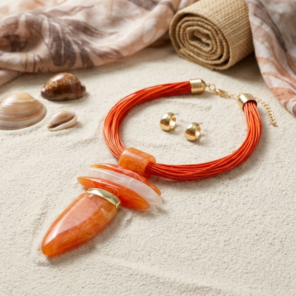 Bold Orange  Marbled Horn Pendant Cord Necklace