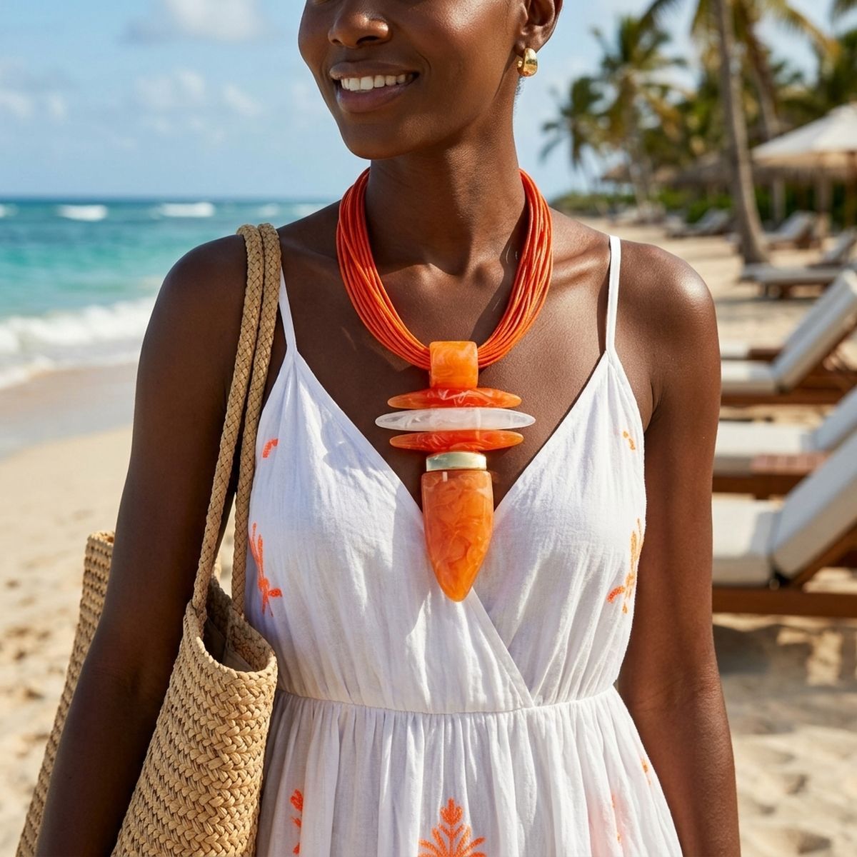 Bold Orange  Marbled Horn Pendant Cord Necklace