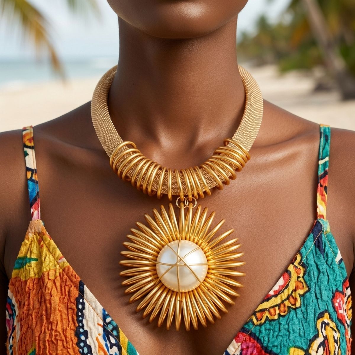 Gold Mesh Necklace with Spiral Sunburst Pendant