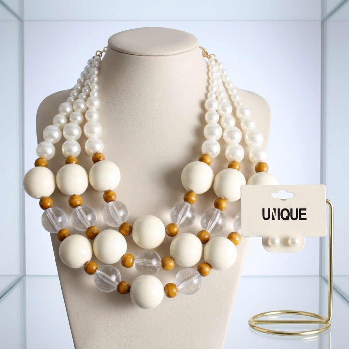 Chunky Ivory Glazed Bead & Pearl Layered Necklace