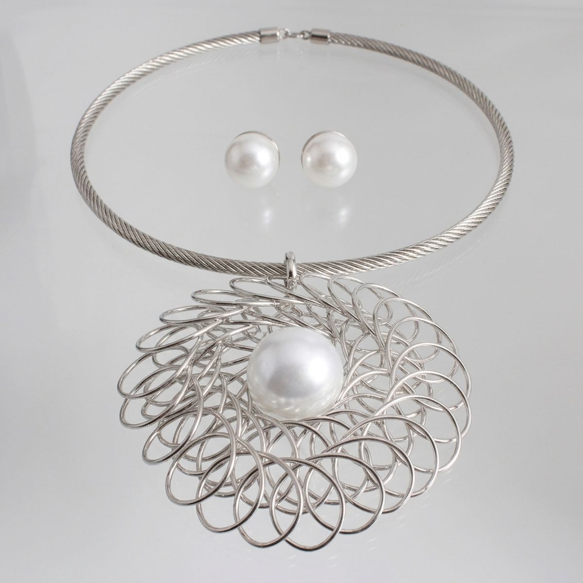 Silver Filigree Pearl Pendant Collar Necklace Set