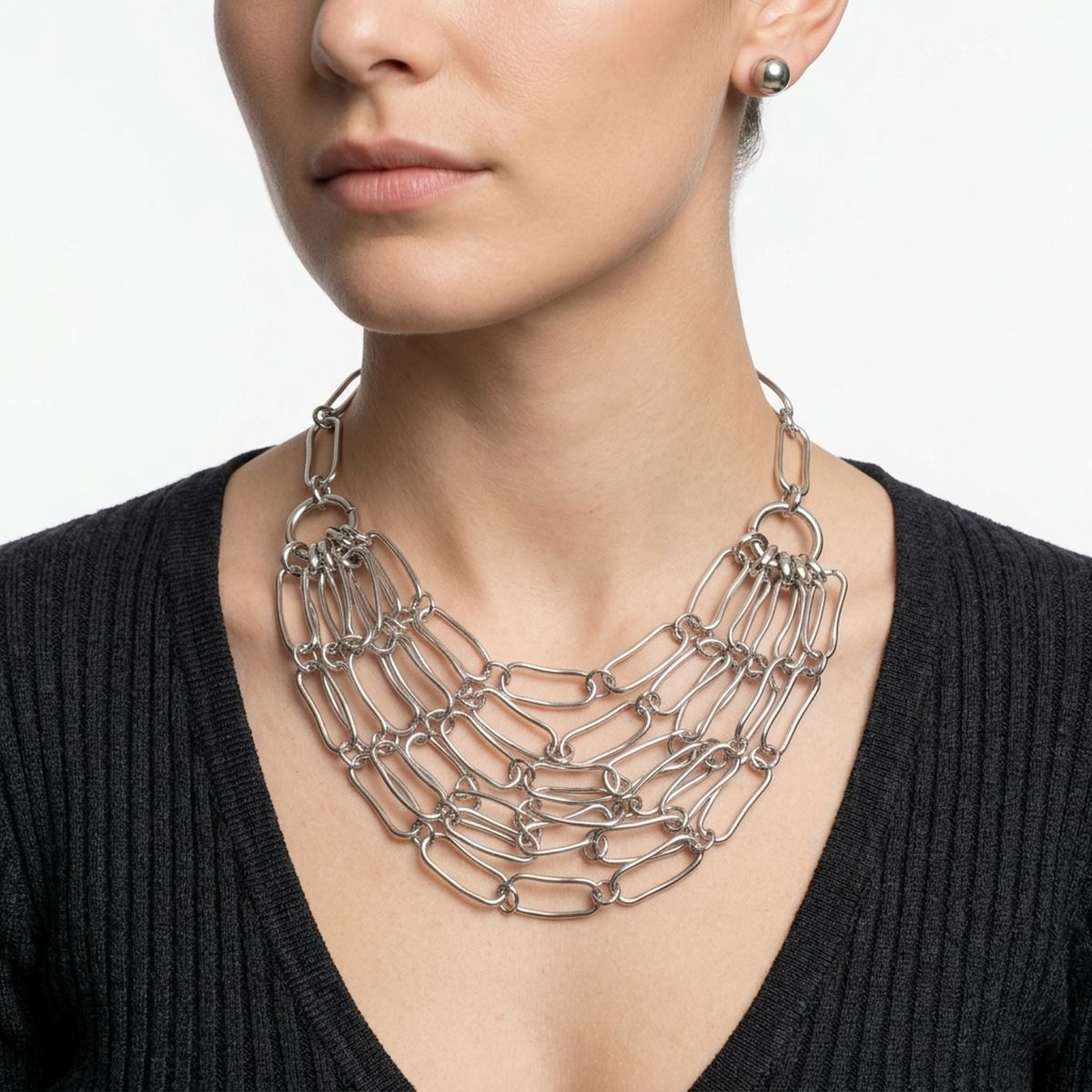6 Row Silver Long Oval Link Layered Chain Necklace