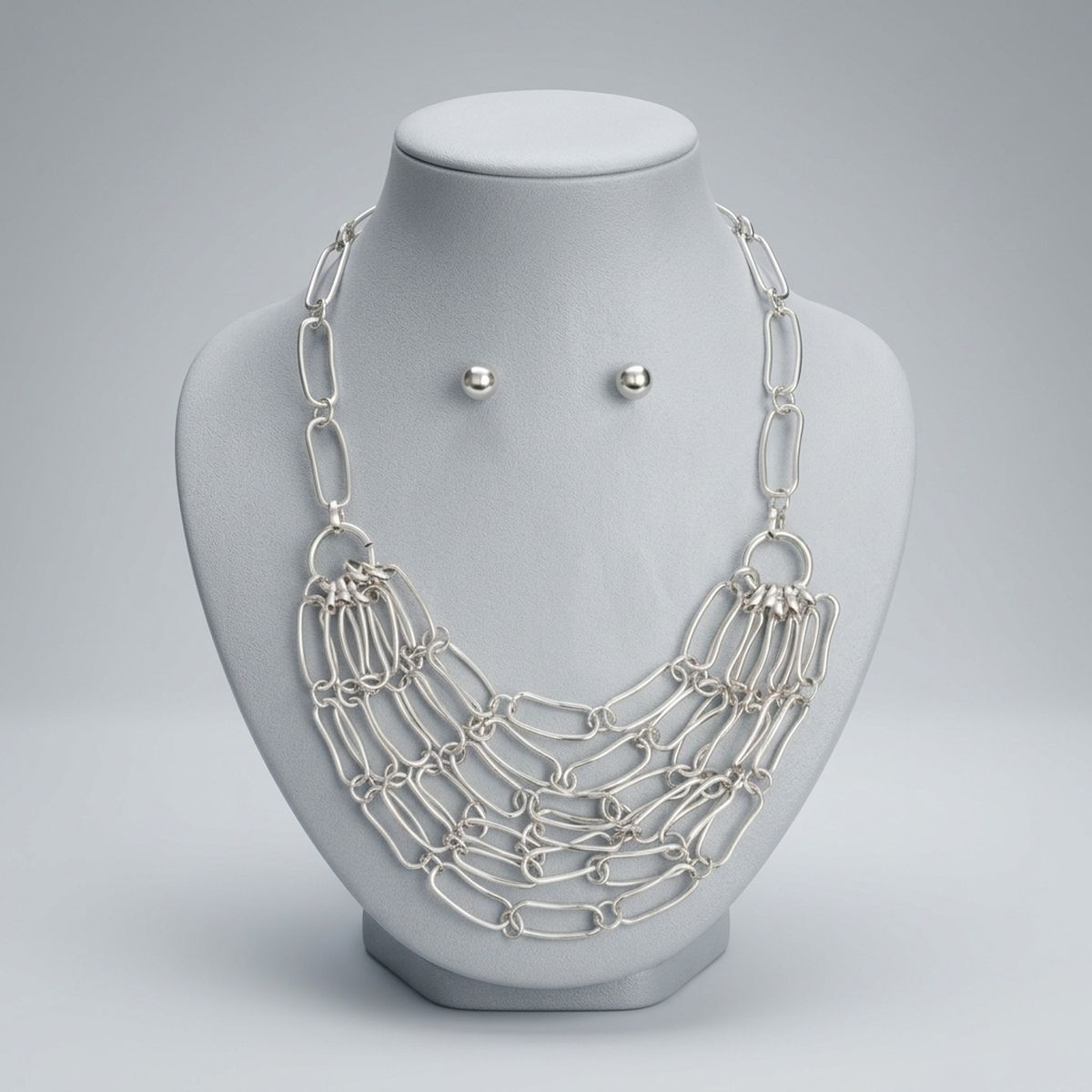 6 Row Silver Long Oval Link Layered Chain Necklace