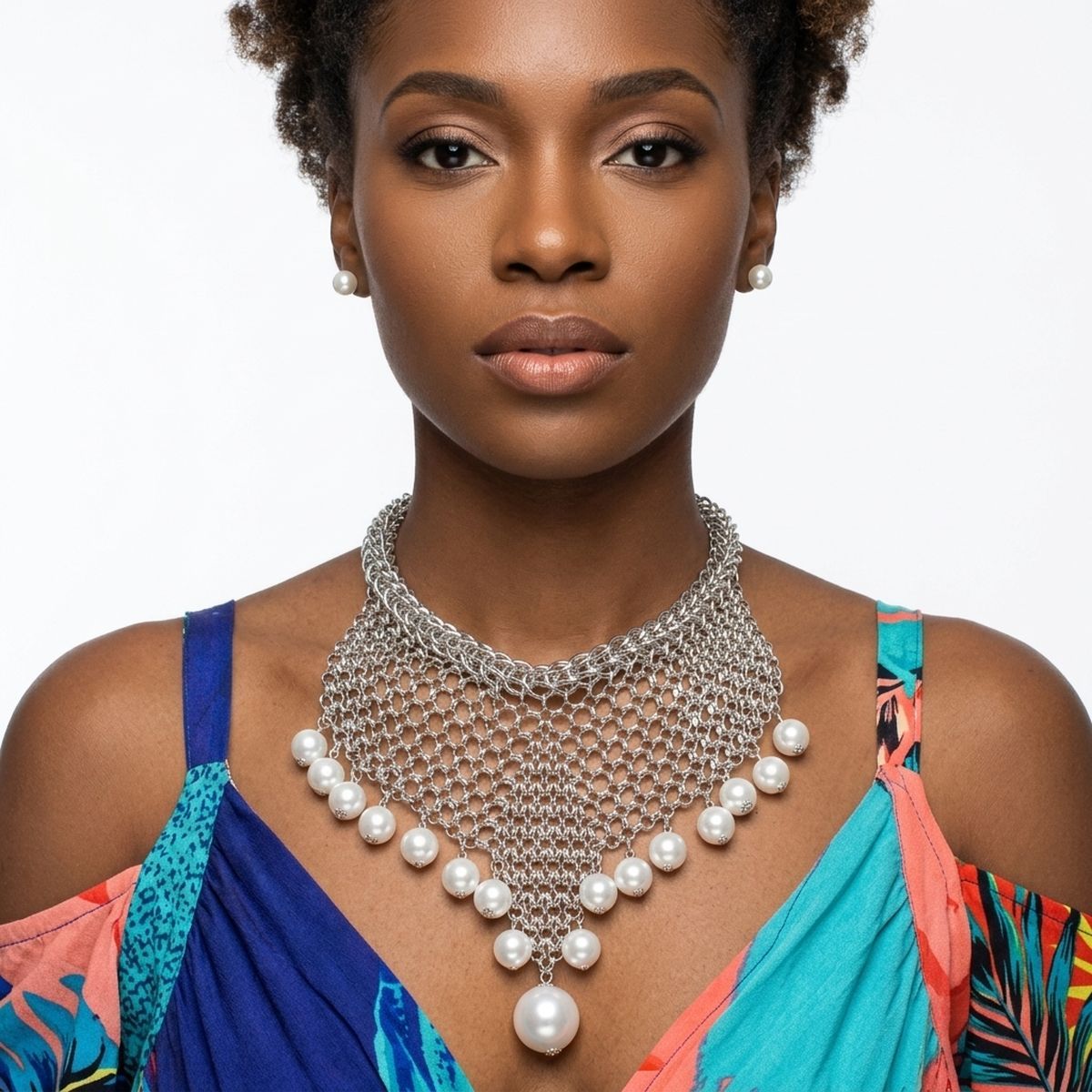 Silver Mesh Pearl Bib Necklace with Chain Fringe