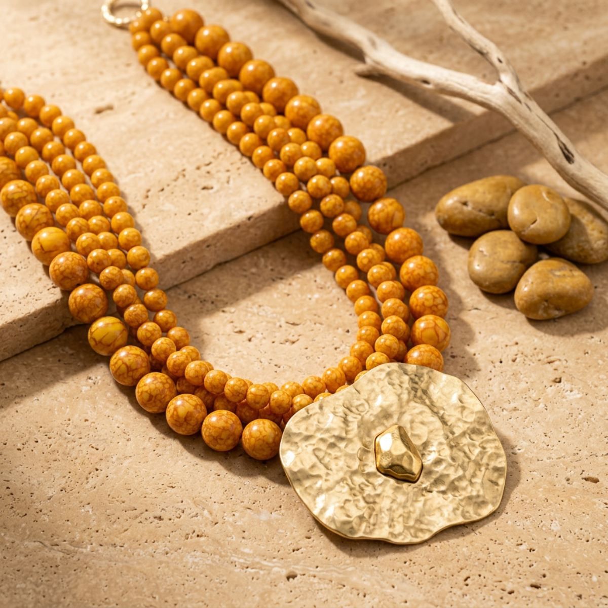 Tribal Yellow Stone Bead Hammered Gold Necklace