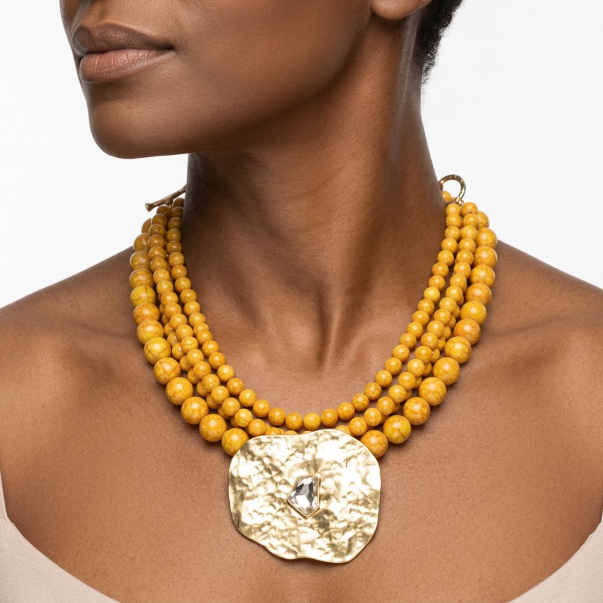 Tribal Yellow Stone Bead Hammered Gold Necklace