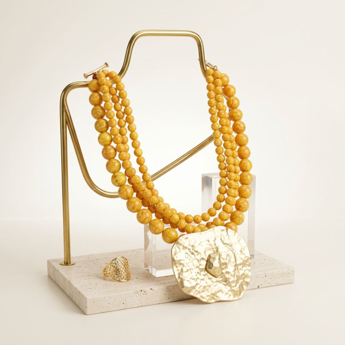 Tribal Yellow Stone Bead Hammered Gold Necklace