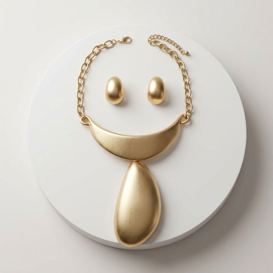 Sculpted Teardrop Pendant Matte Gold Necklace