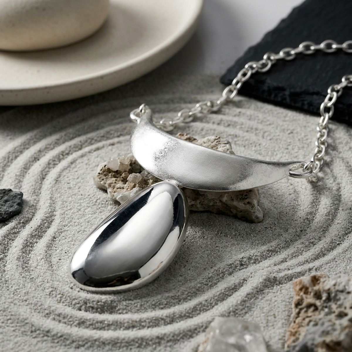Sculpted Teardrop Pendant Matte Silver Necklace