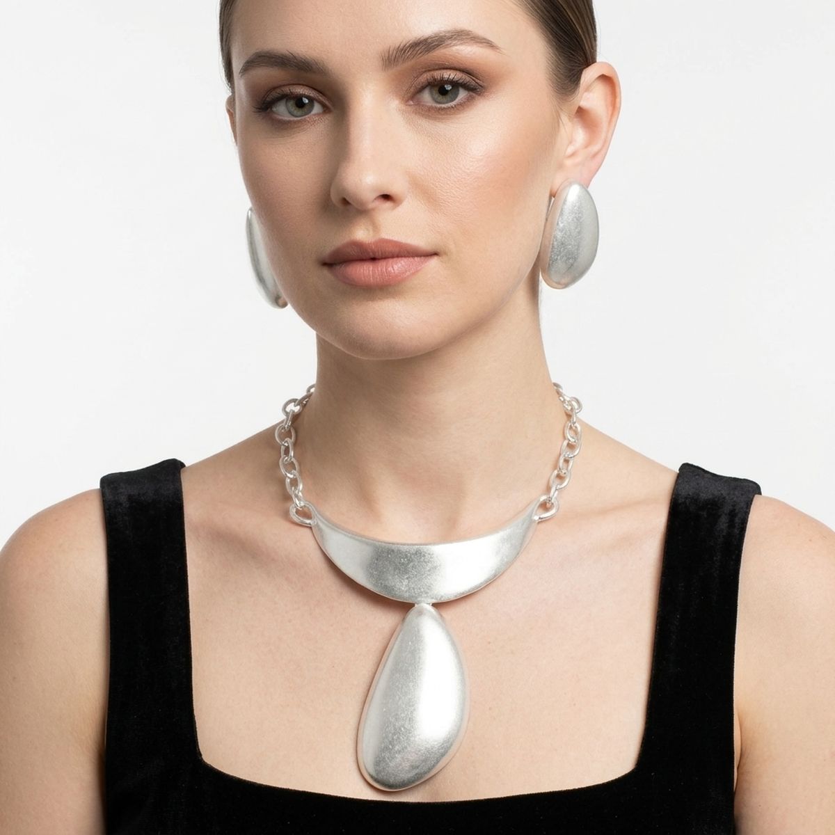 Sculpted Teardrop Pendant Matte Silver Necklace