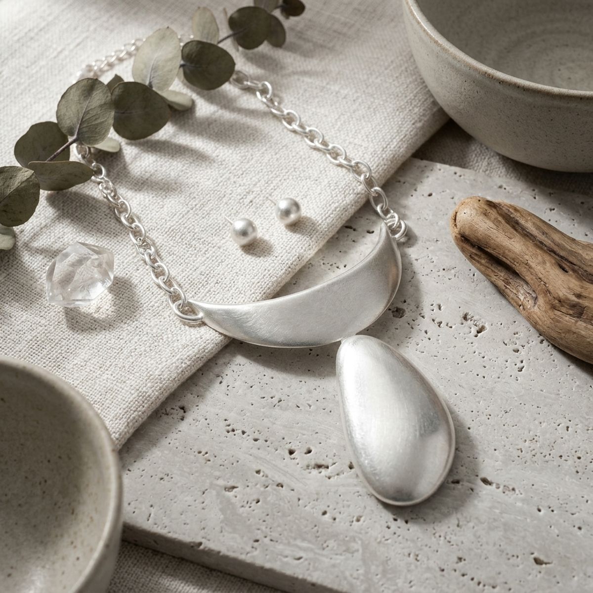 Sculpted Teardrop Pendant Matte Silver Necklace