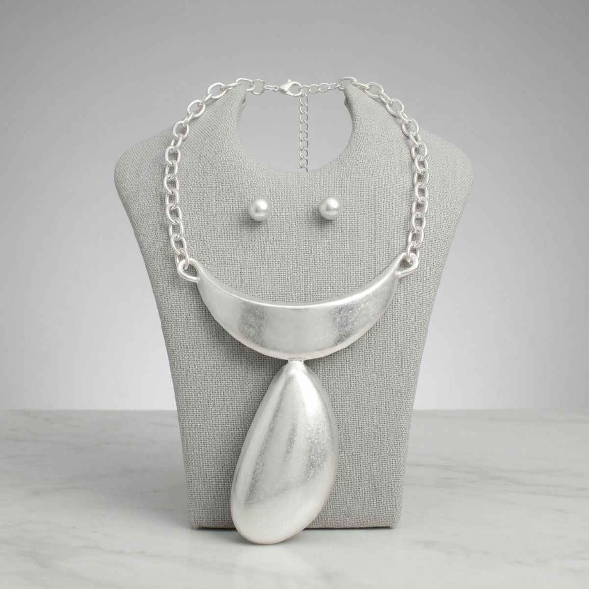 Sculpted Teardrop Pendant Matte Silver Necklace