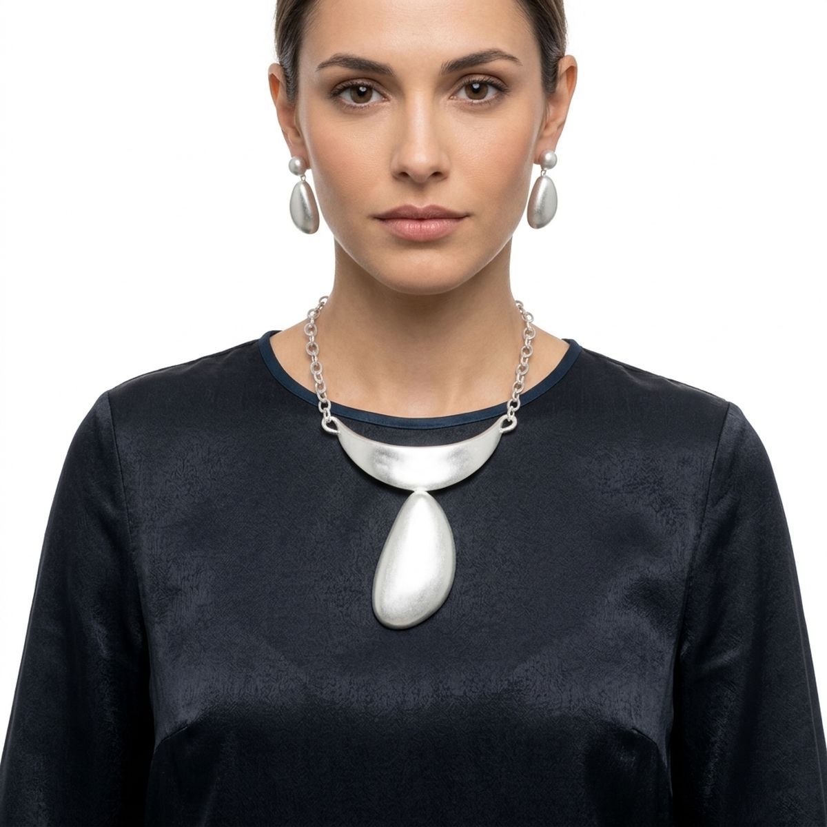 Sculpted Teardrop Pendant Matte Silver Necklace