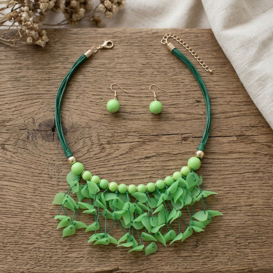 Green Cascading Leaves Beaded Cord Necklace
